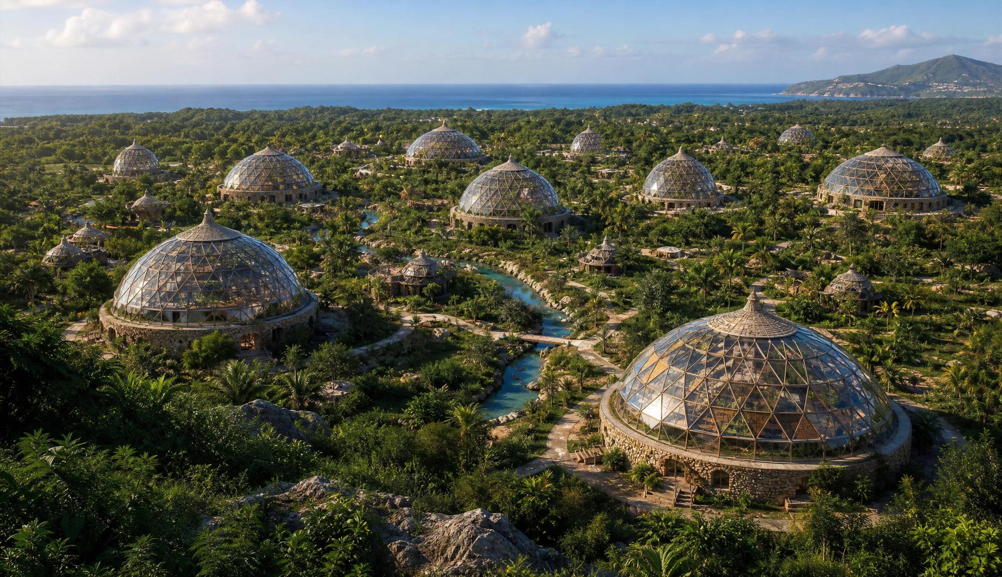 An aerial over jungle canopy: a dozen glass domes on stone bases, a turquoise stream threading between them, the sea on the horizon.