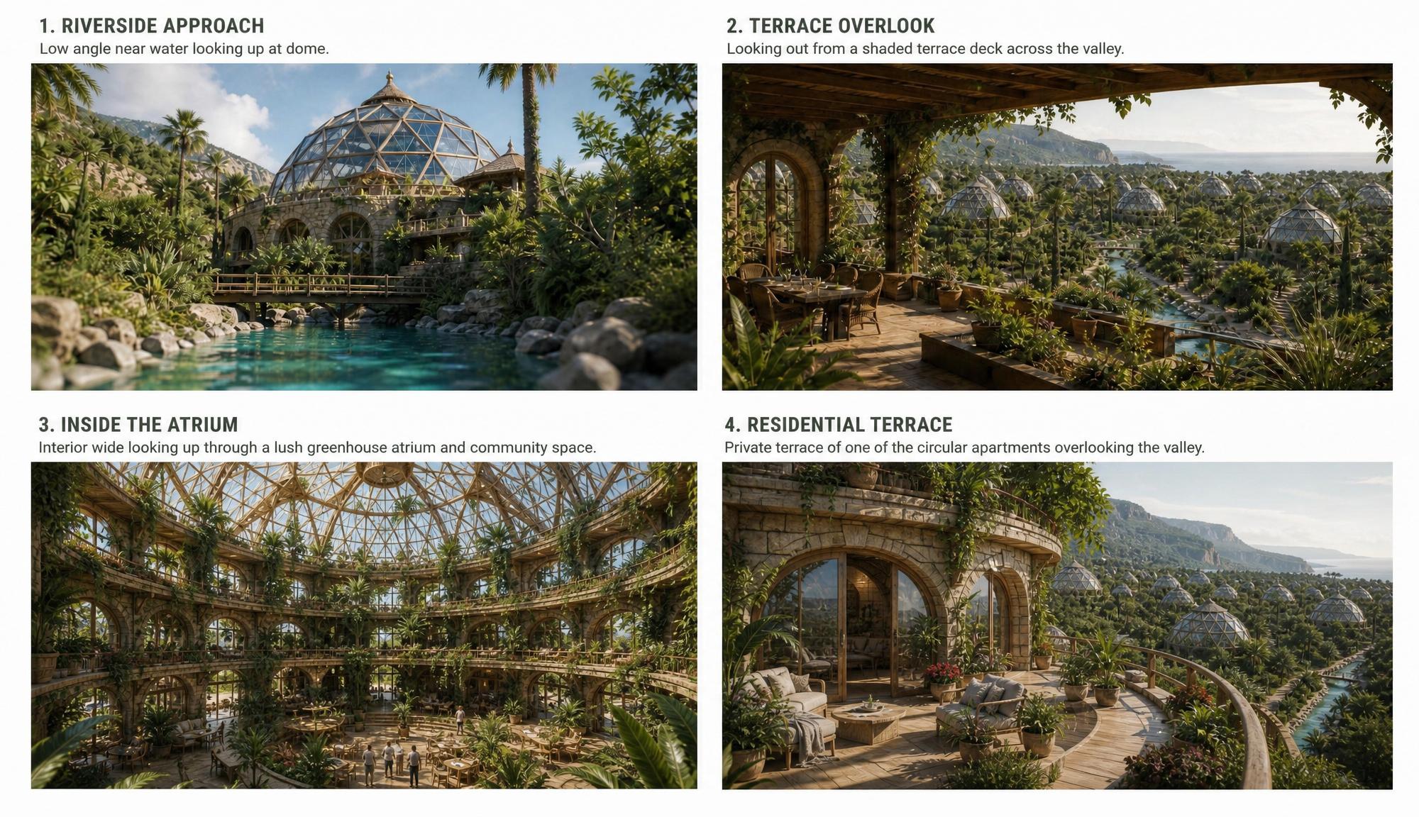 Four panels of the same settlement: a riverside approach, a shaded terrace overlook, the greenhouse atrium inside, and a private residential terrace.