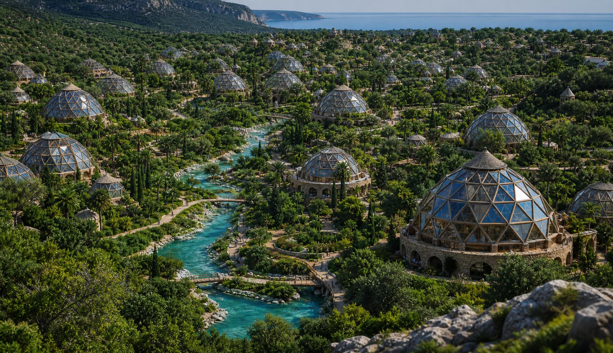 A valley of glass domes stepping down to the sea — the first render that looked like a place.