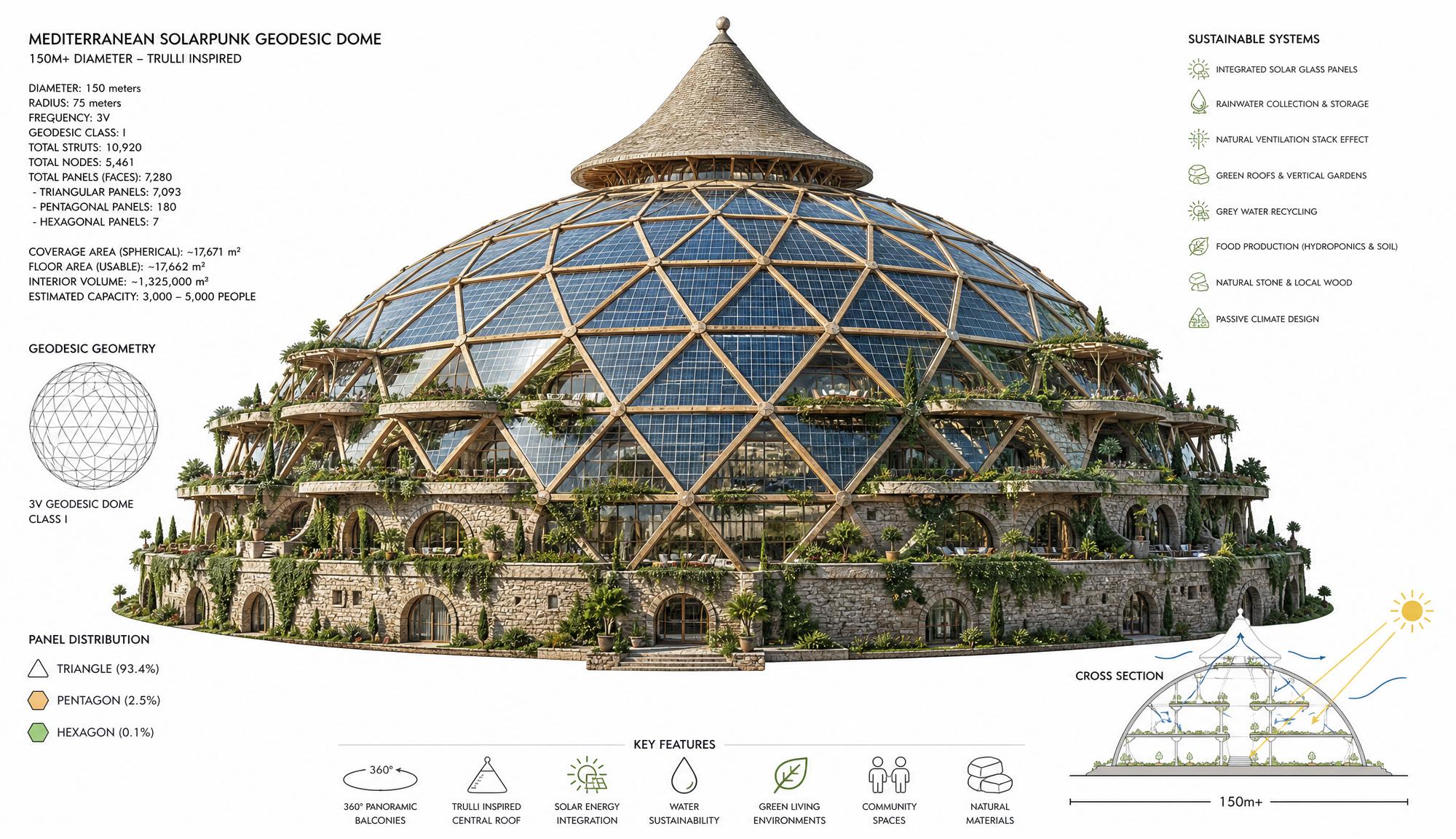 A 150 m geodesic dome, specified down to the strut — 10,920 of them.
