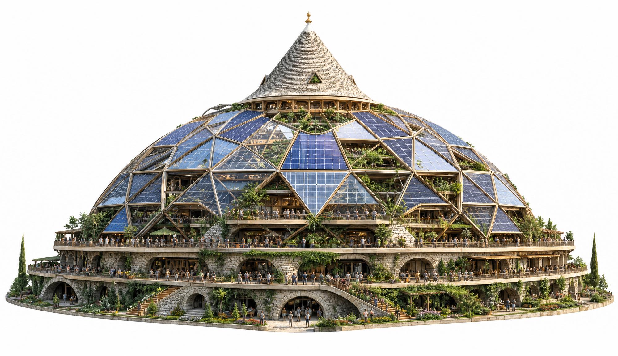 The same dome populated — hundreds of figures on the terraces, in the arcade, on the stairs.