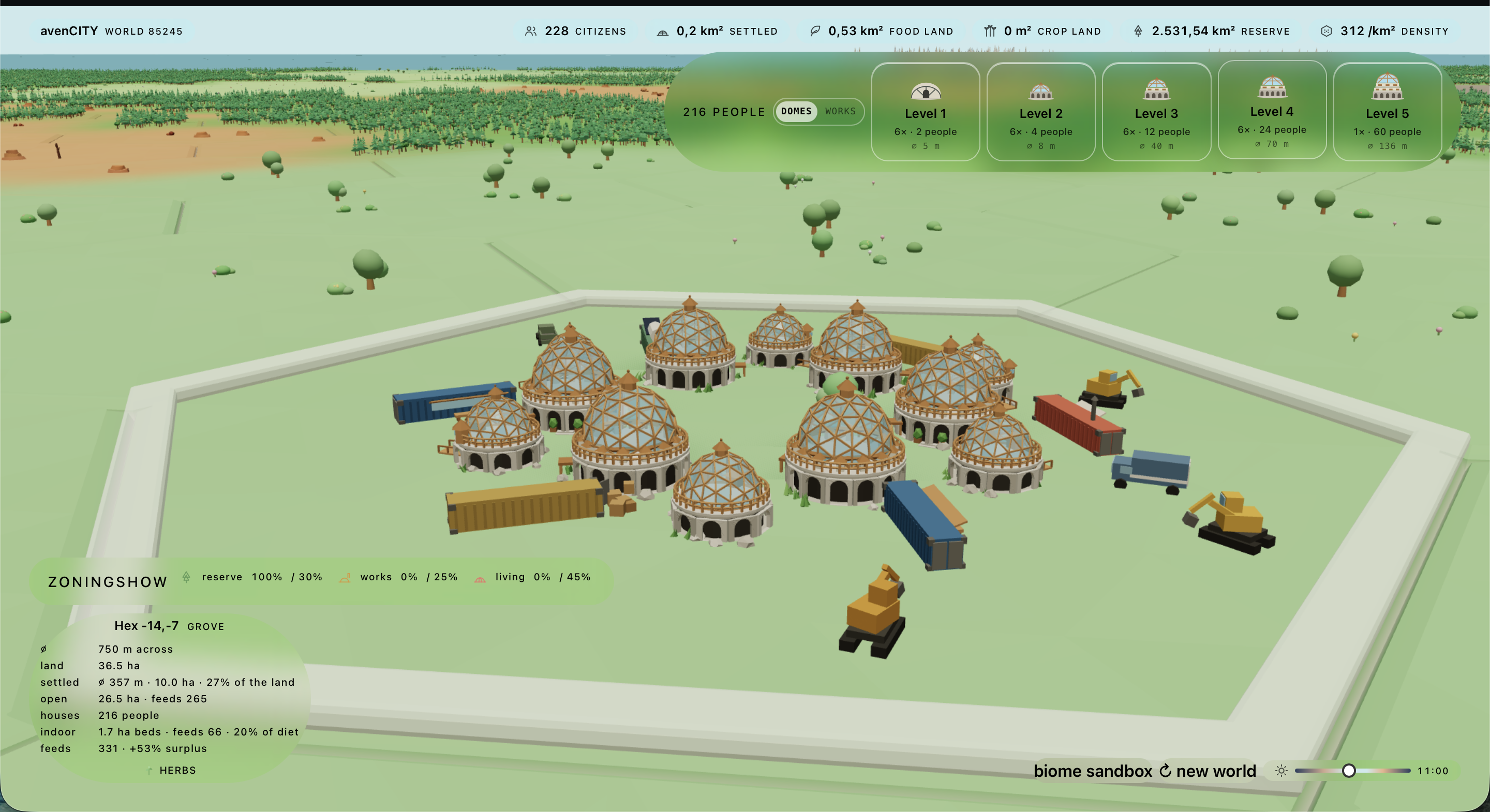 Level 4: six new 70 m domes beside the six from Level 3 — twelve domes, 216 settlers, the hex at its designed size.