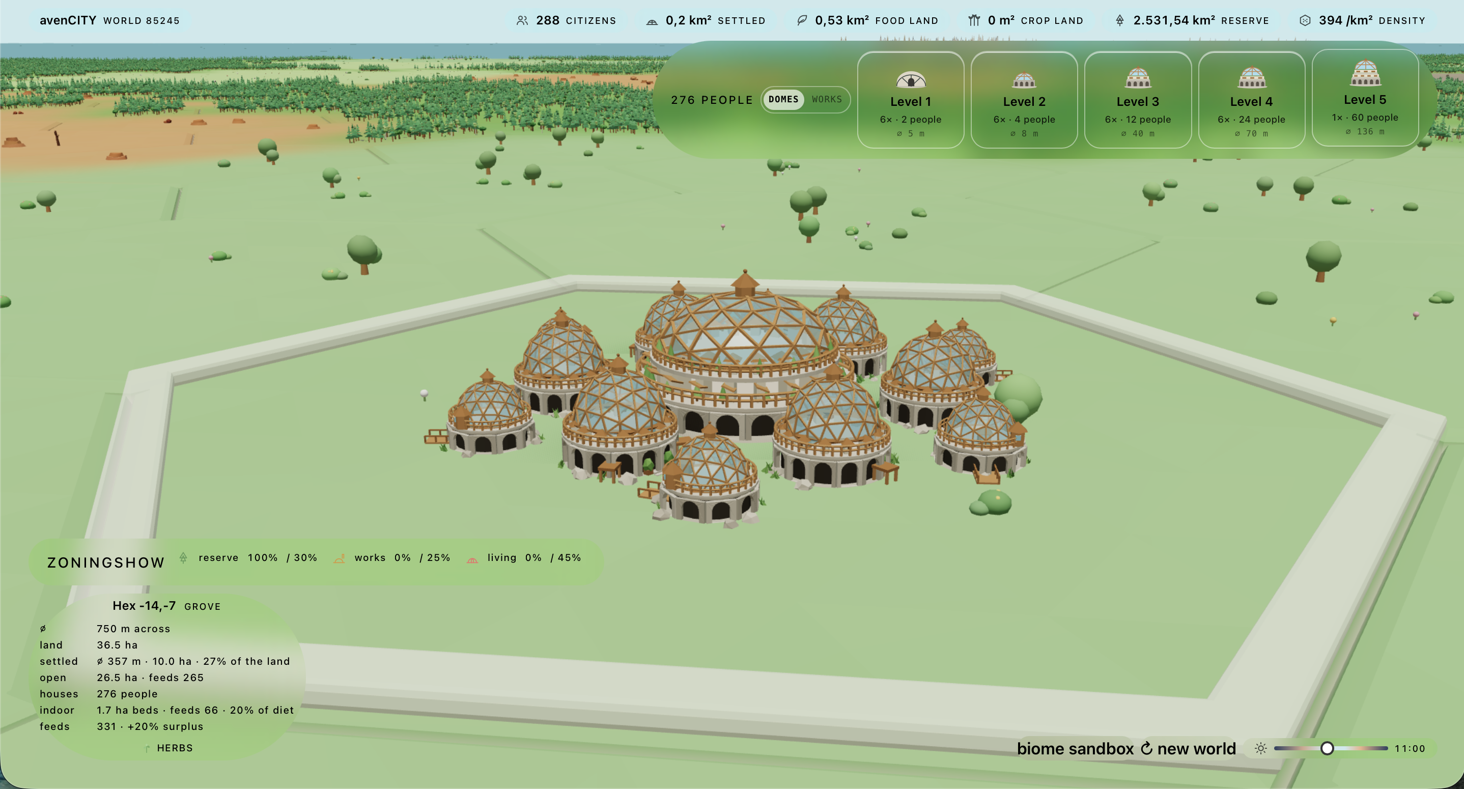 Level 5: one 136 m dome at the centre of the ring — commons, energy, storage and compute under a single roof.