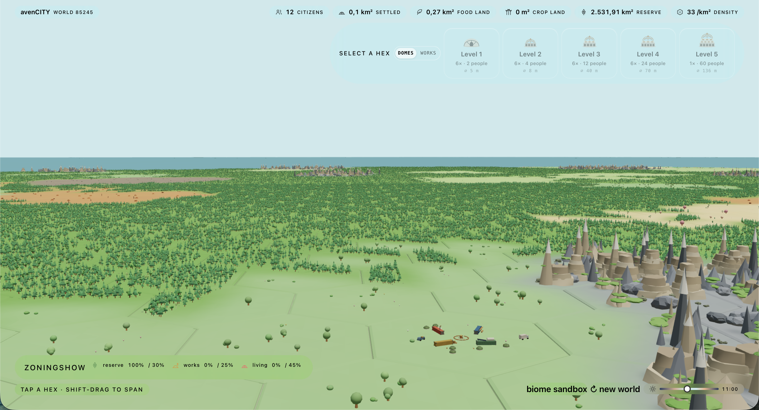 The starting position — a hex grid over open land, almost none of it settled.
