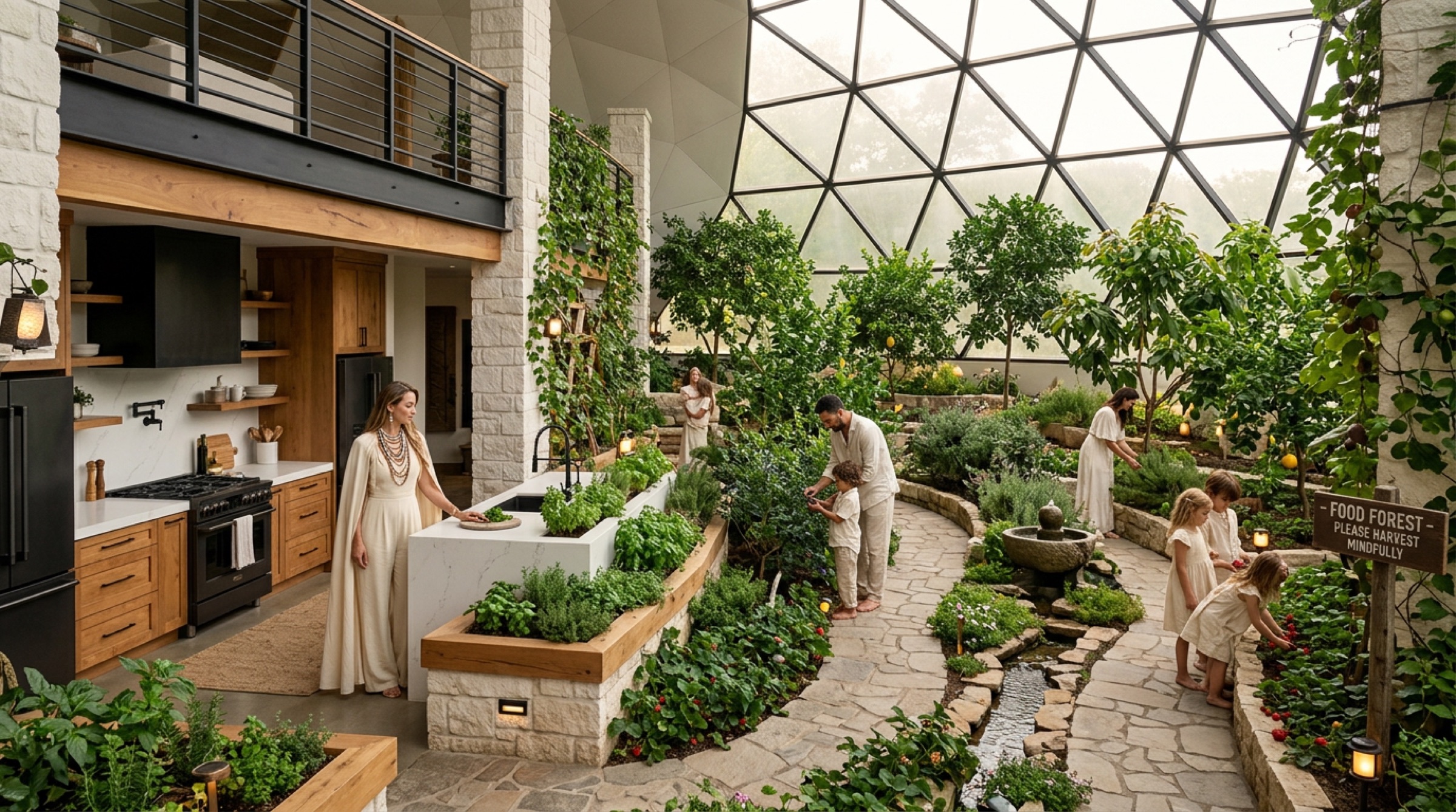 The same room from further back, the full sweep of the food forest under the dome.