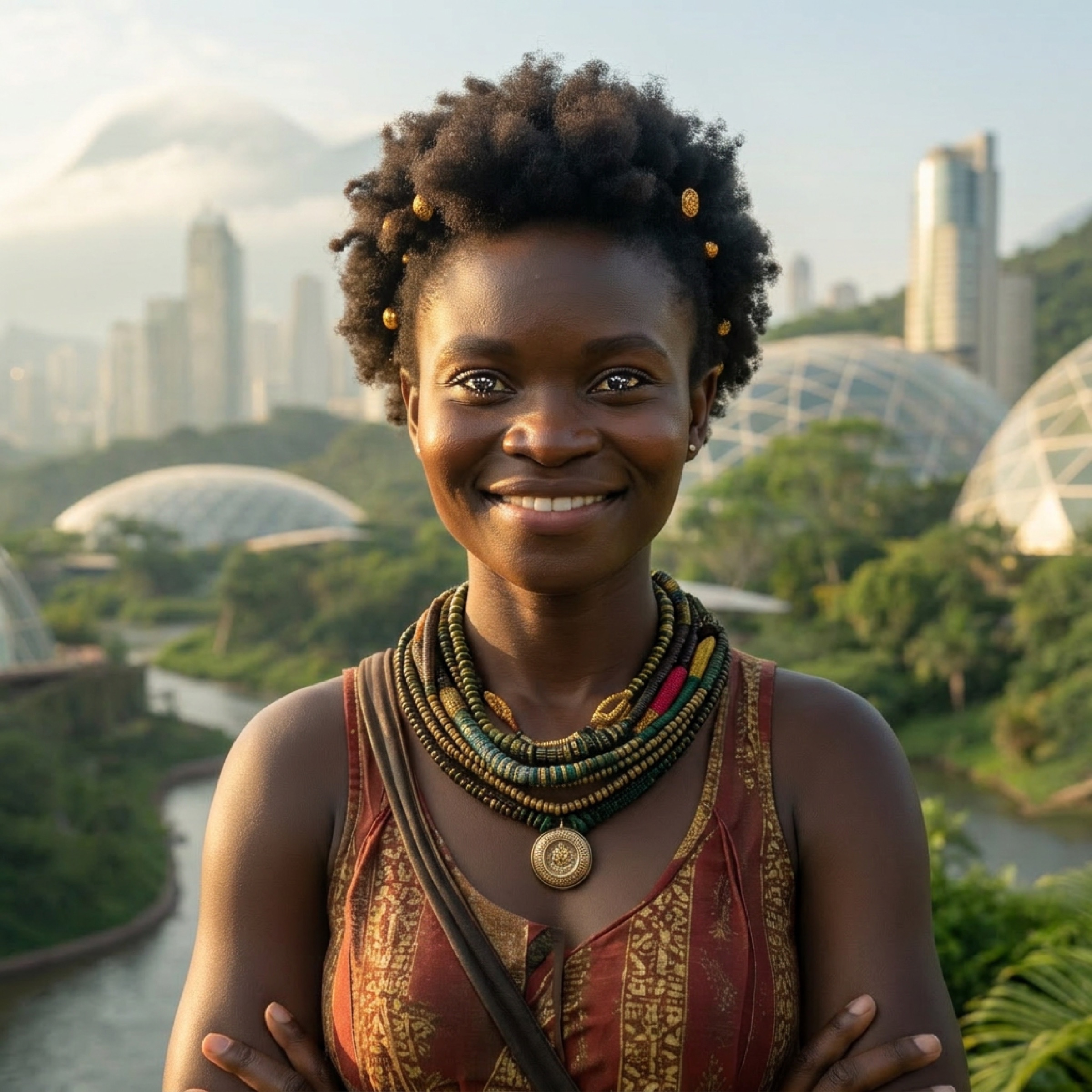 avenMAIA in front of the city — domes below, the river, a skyline behind.