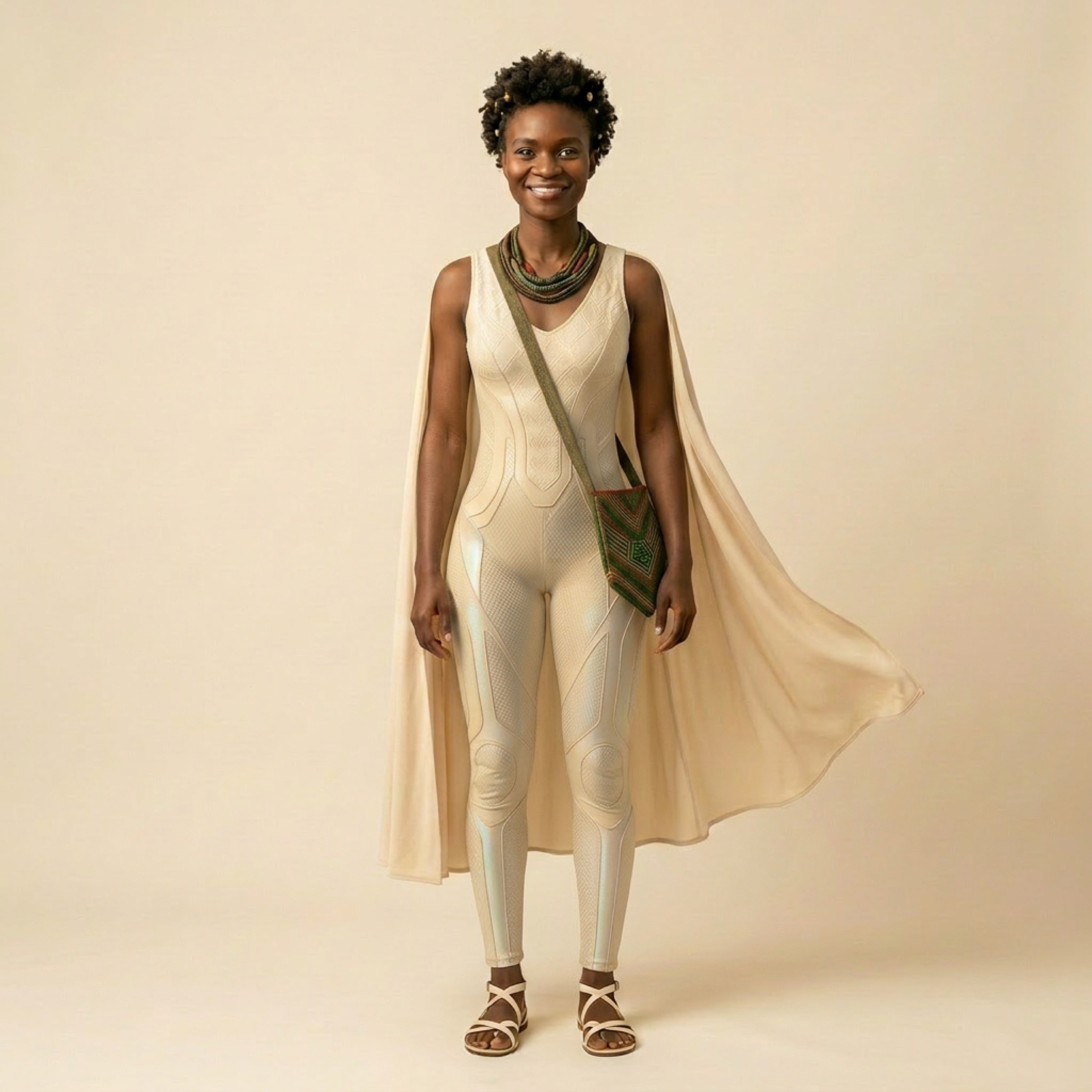 Full length — the patterned suit, the light cape, the flat sandals.