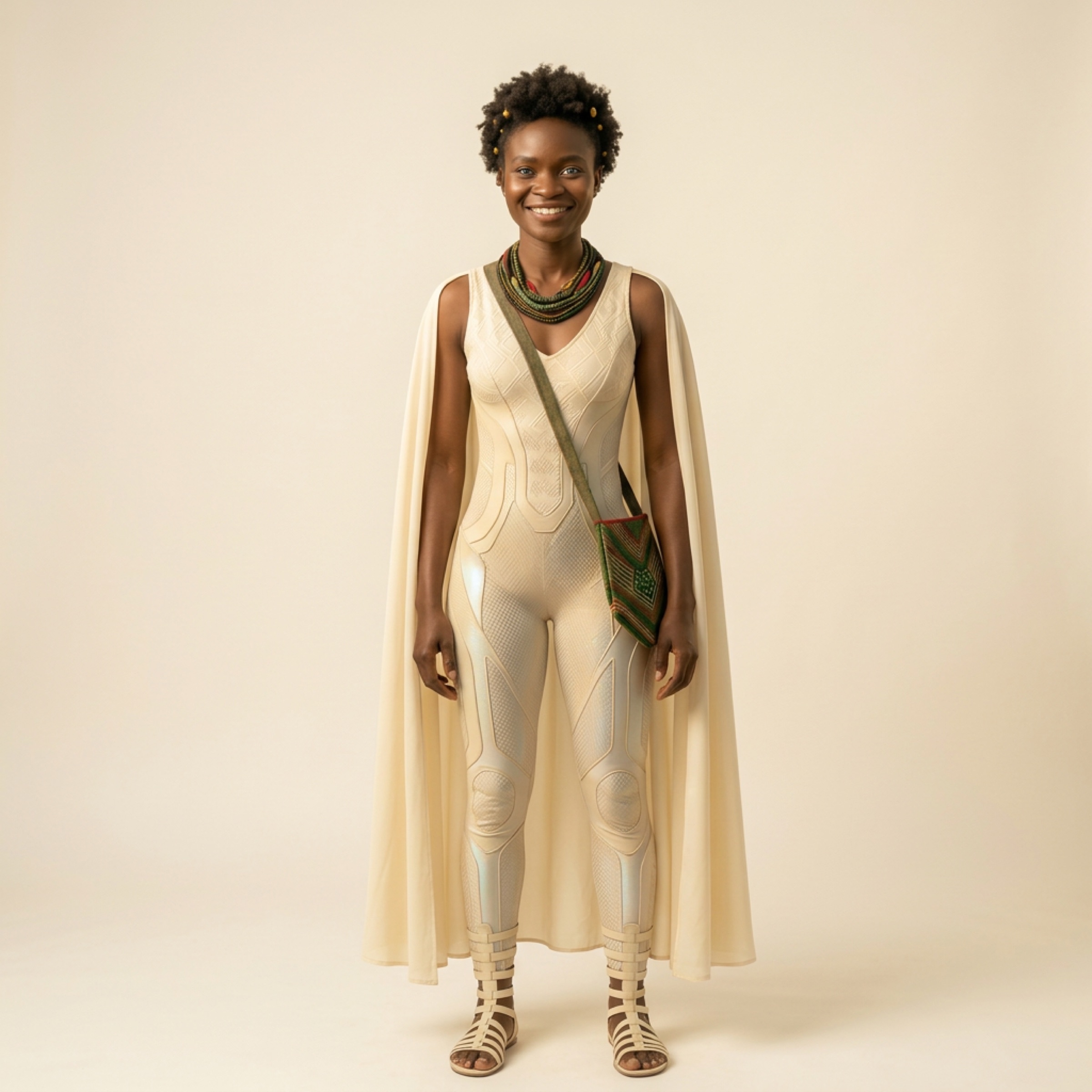 The same figure, laced sandals, cape falling behind.