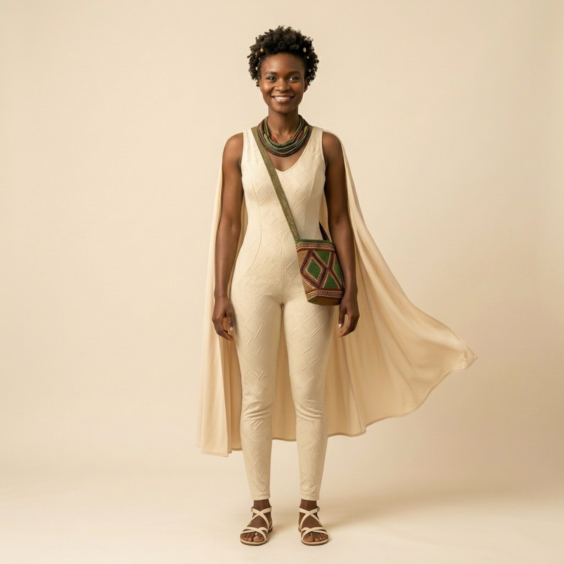 A plainer version: knit suit, woven bag, no cape detail.