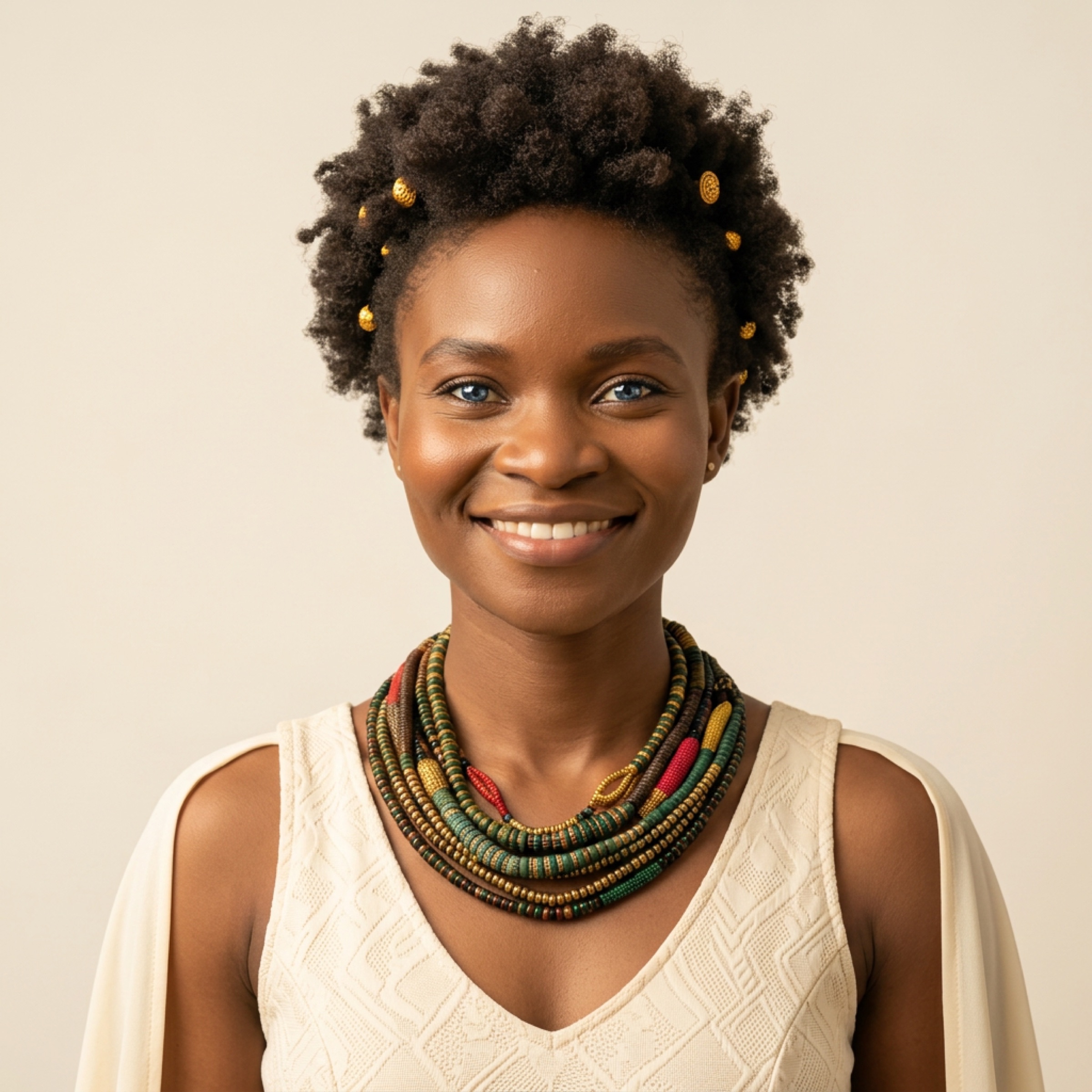 The portrait with the necklace on — beaded strands, cream knit, gold in the hair.