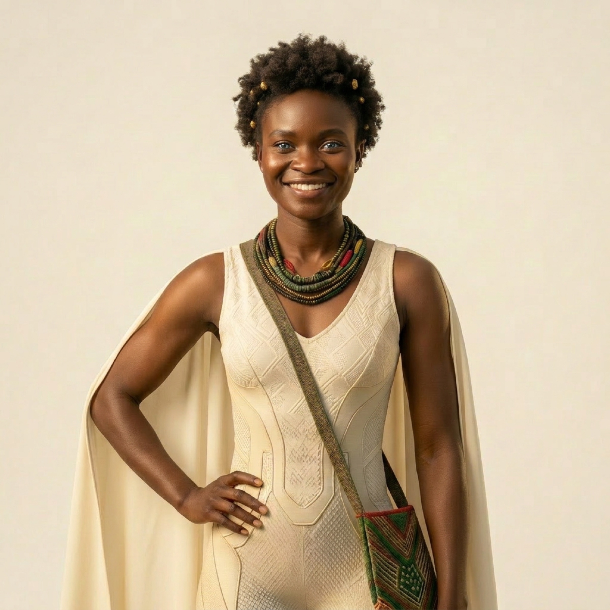 Half length, one hand on the hip, the sash bag across the body.