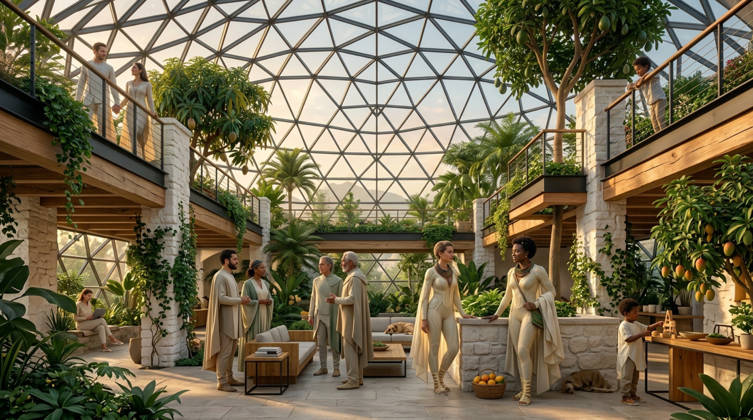 Under a dome: stone terraces on two levels, mango and palm in the middle, a dozen people standing and talking.