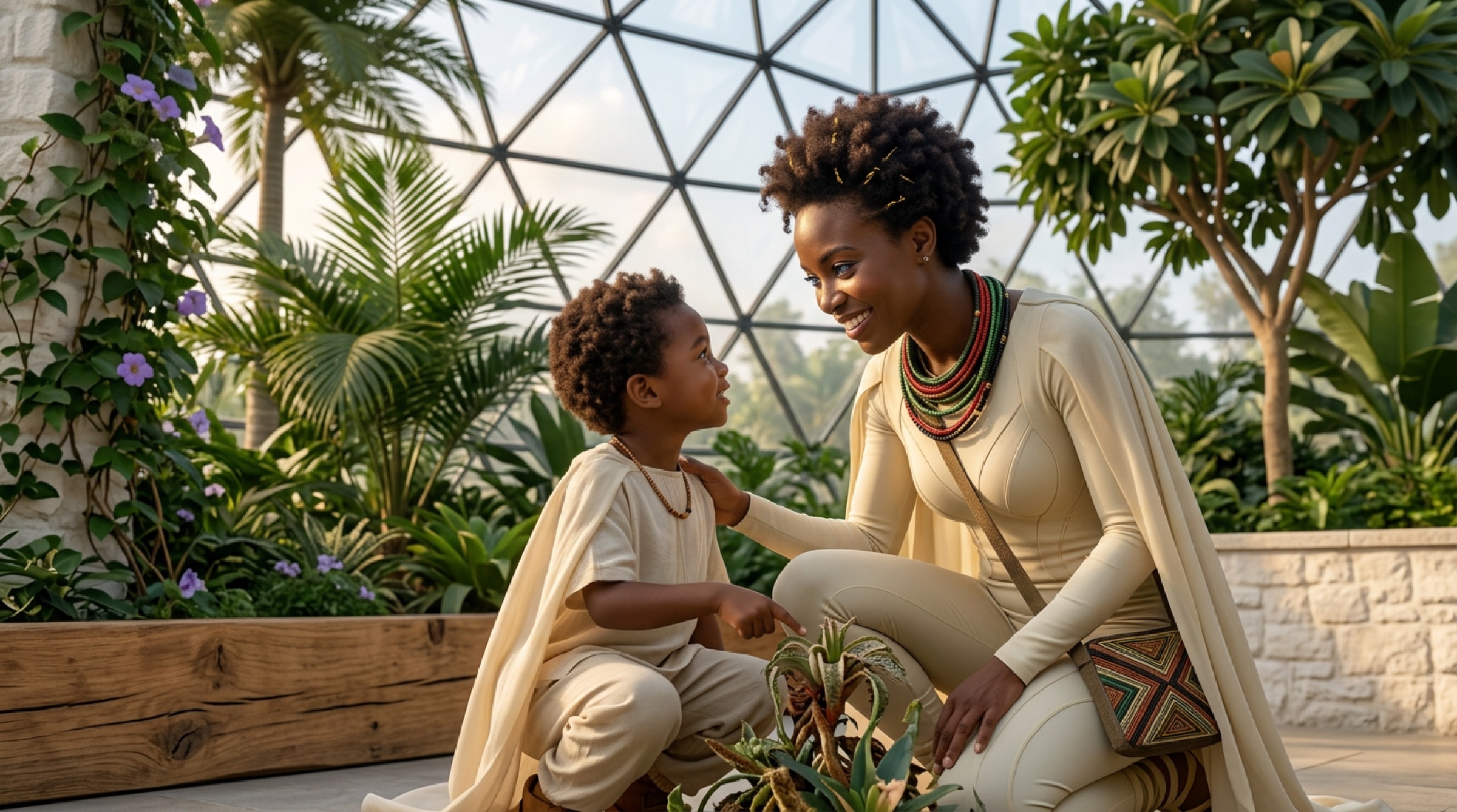 avenMAIA crouched down, at eye level with a small child, both looking at a plant between them.