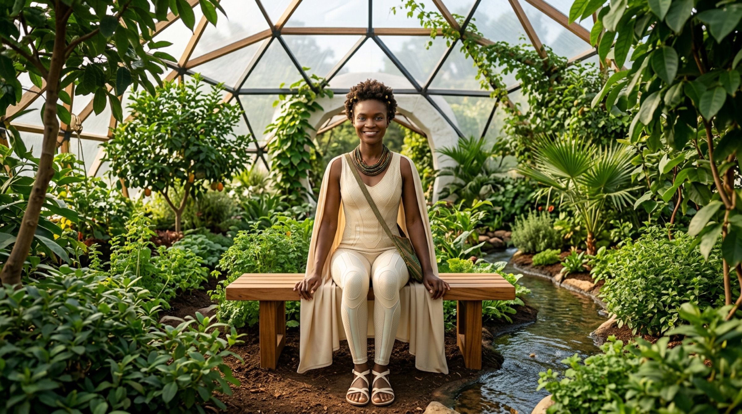 avenMAIA on a bench in the middle of a planted dome — the least impressive image in the set, and the one that matters.