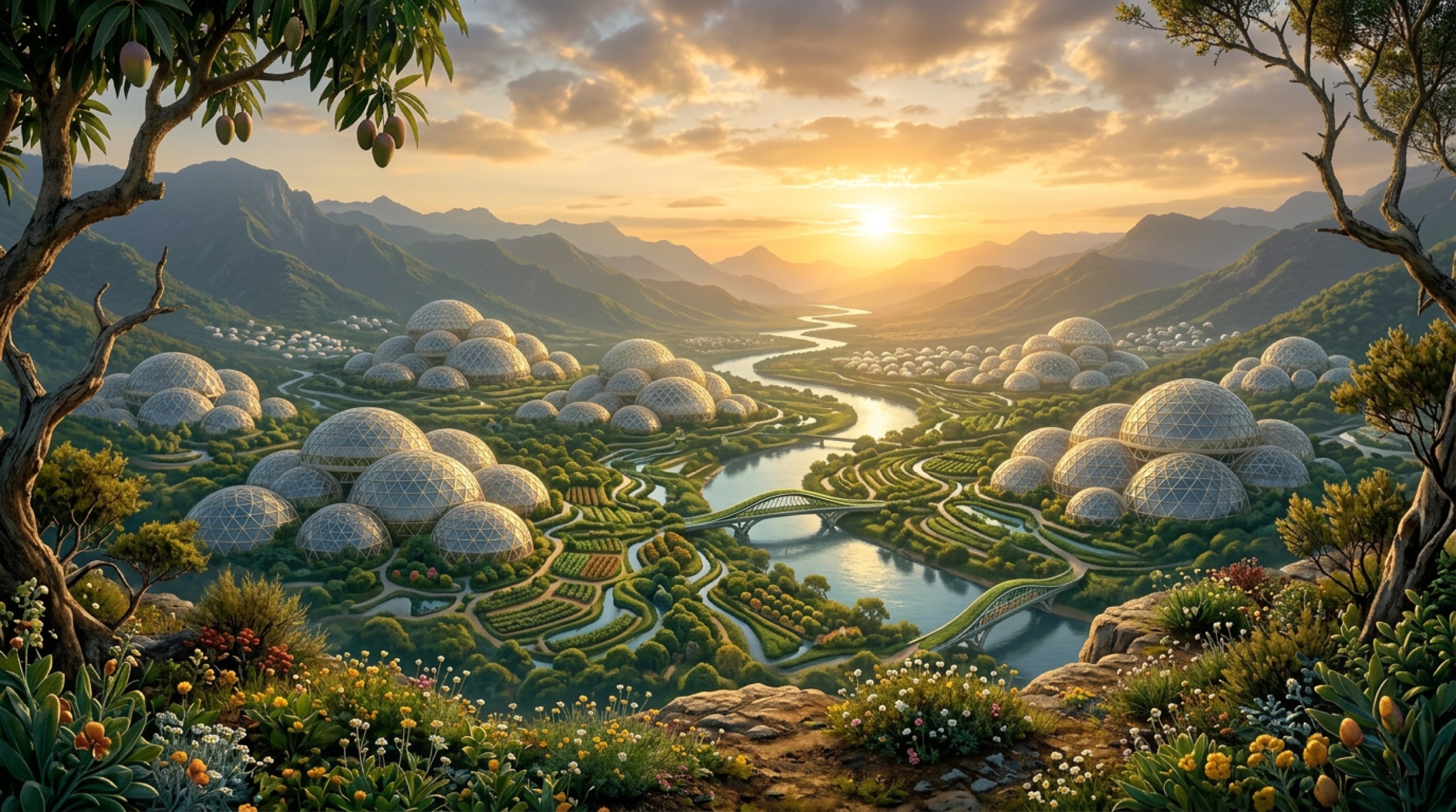 The valley at sunset — clusters of domes across terraced farmland, the river winding out toward the mountains.