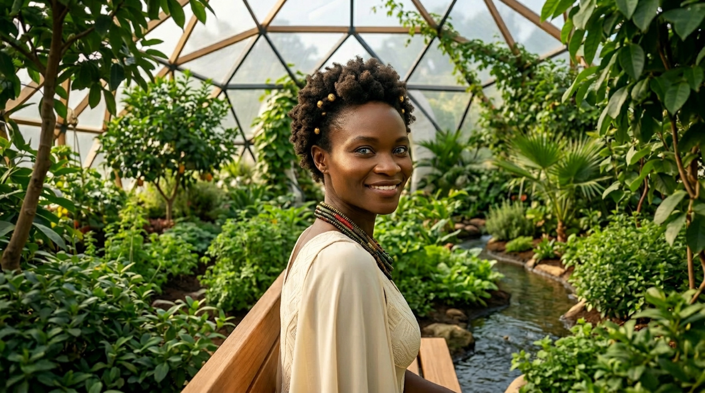 avenMAIA on a path inside the planted dome, turning back toward the camera, a stream beside her.