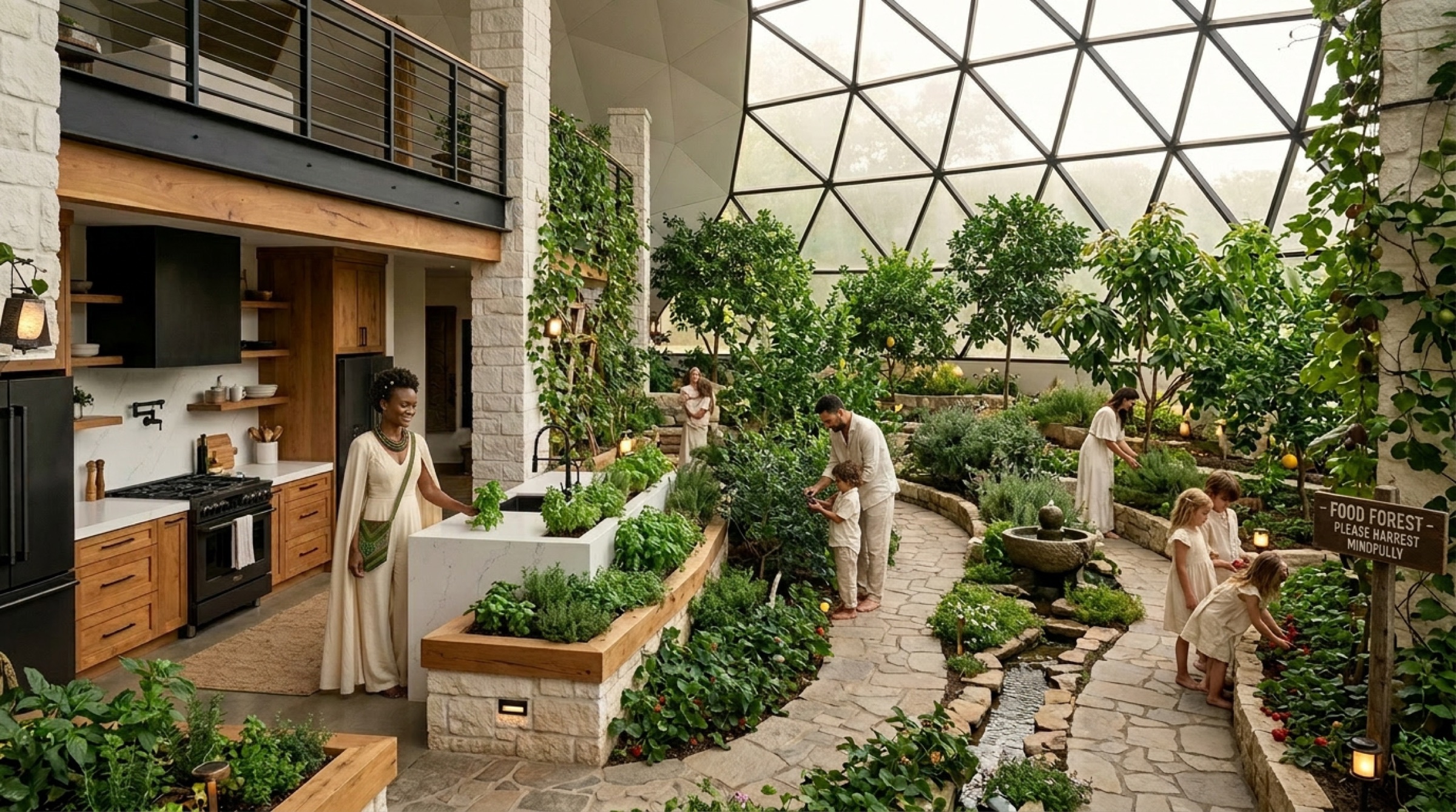 A kitchen bench opening straight onto a planted interior: herbs in the counter, a stone path, children picking berries, a sign reading Food Forest — please harvest mindfully.